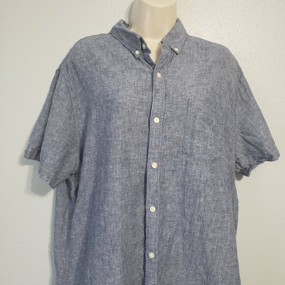 Gap Mens Linen Blend Button Up Shirt XL Slim Fit Blue Short Sleeve Chambray - Picture 12 of 12